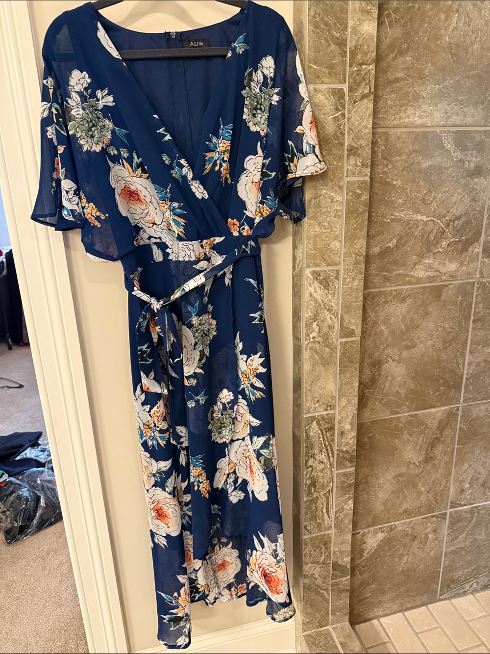 AUW Navy Blue Floral Wrap Midi Dress